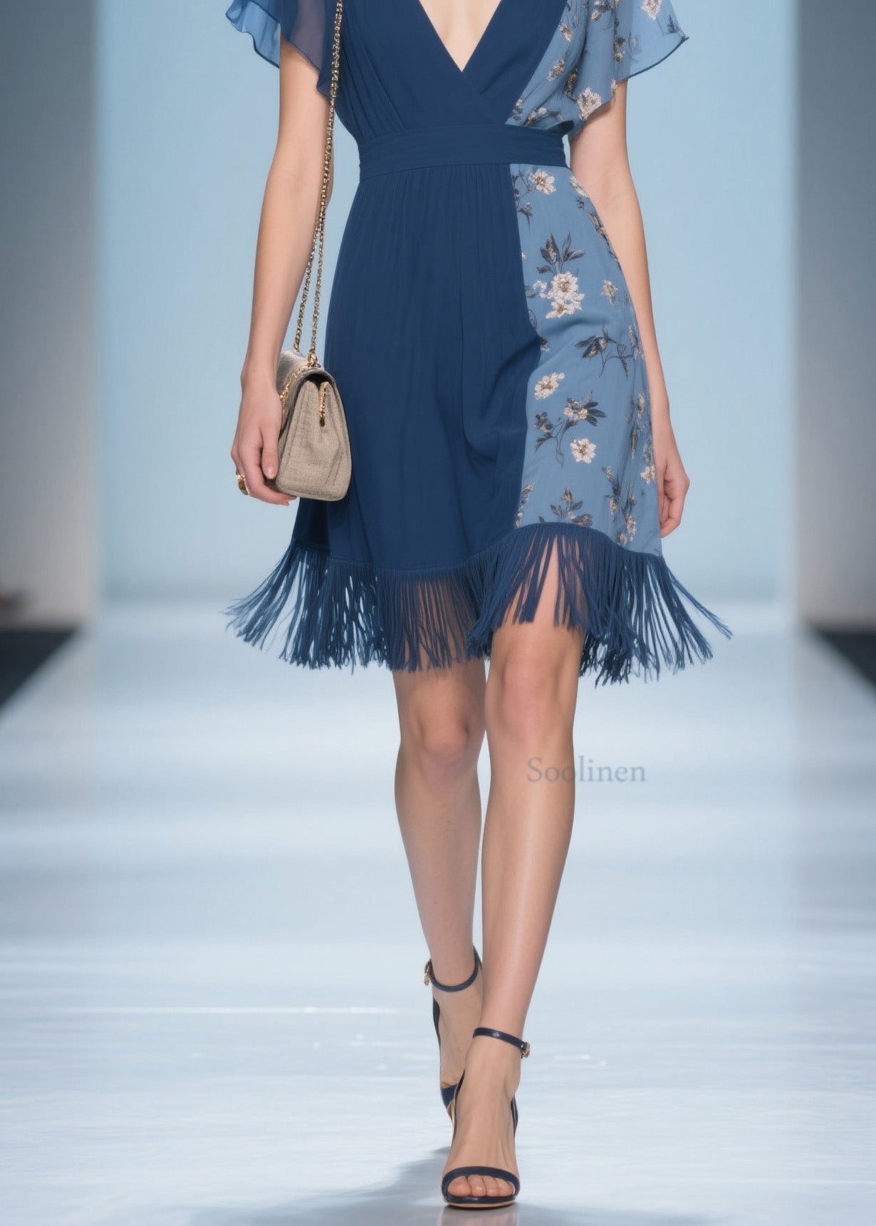 Unique V Neck Print Tassel Patchwork Cotton Dresses Summer