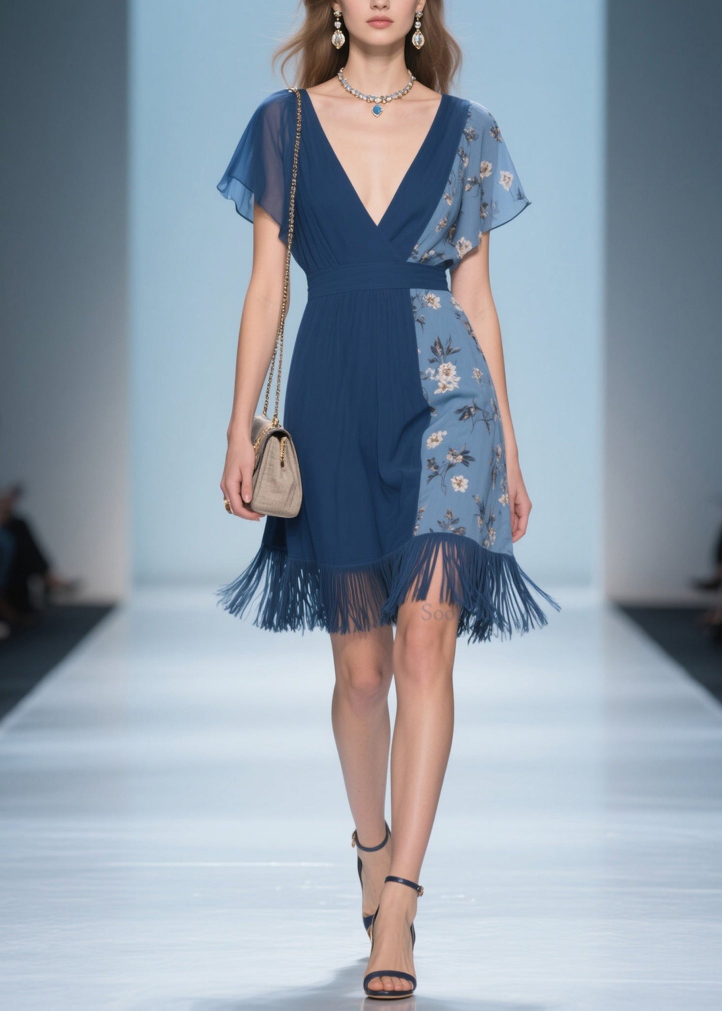 Unique V Neck Print Tassel Patchwork Cotton Dresses Summer