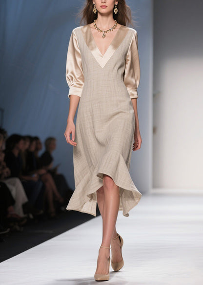 Unique V Neck Ruffled Patchwork Linen Silk Dresses Summer