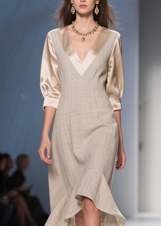 Unique V Neck Ruffled Patchwork Linen Silk Dresses Summer