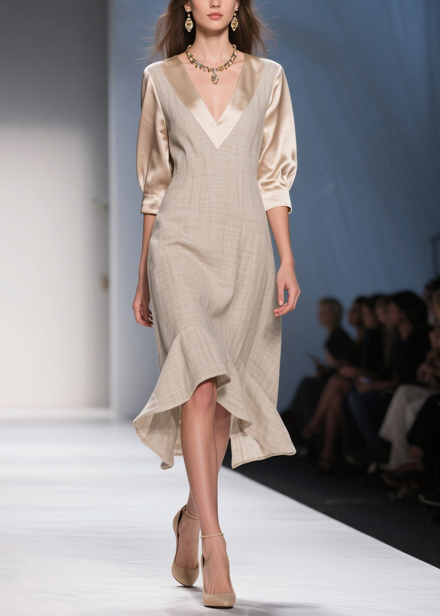 Unique V Neck Ruffled Patchwork Linen Silk Dresses Summer