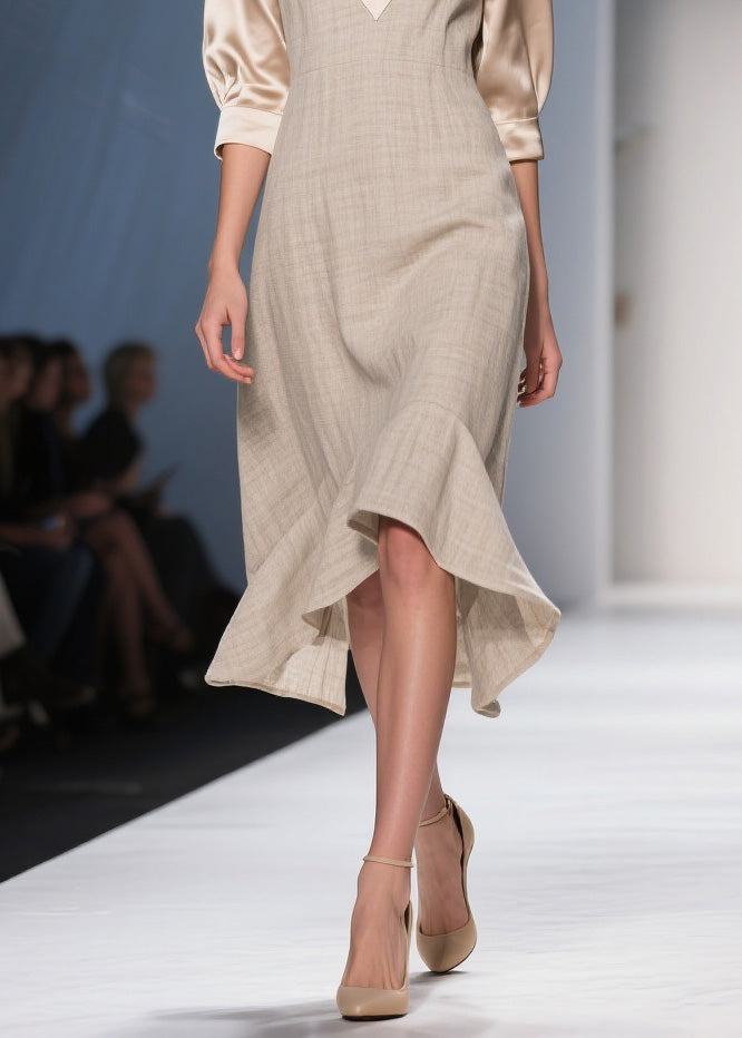 Unique V Neck Ruffled Patchwork Linen Silk Dresses Summer