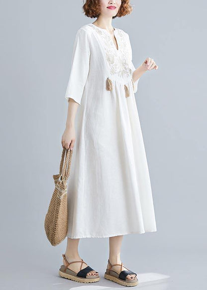 Unique V Neck Tassel Spring White Loose Linen Dress - SooLinen