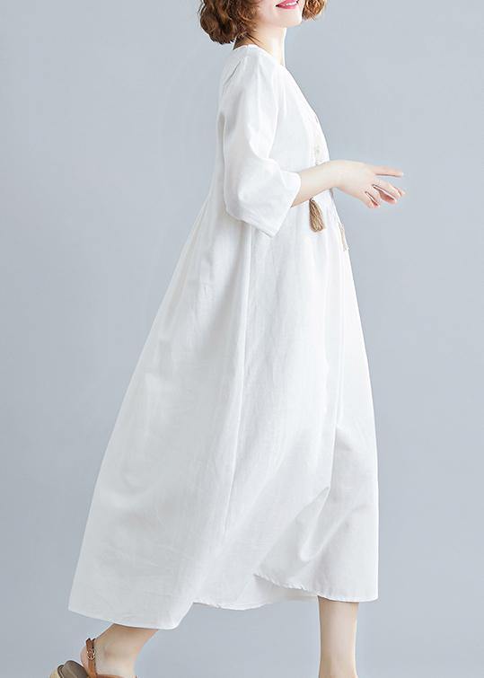 Unique V Neck Tassel Spring White Loose Linen Dress - SooLinen