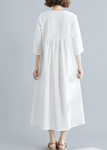 Unique V Neck Tassel Spring White Loose Linen Dress - SooLinen