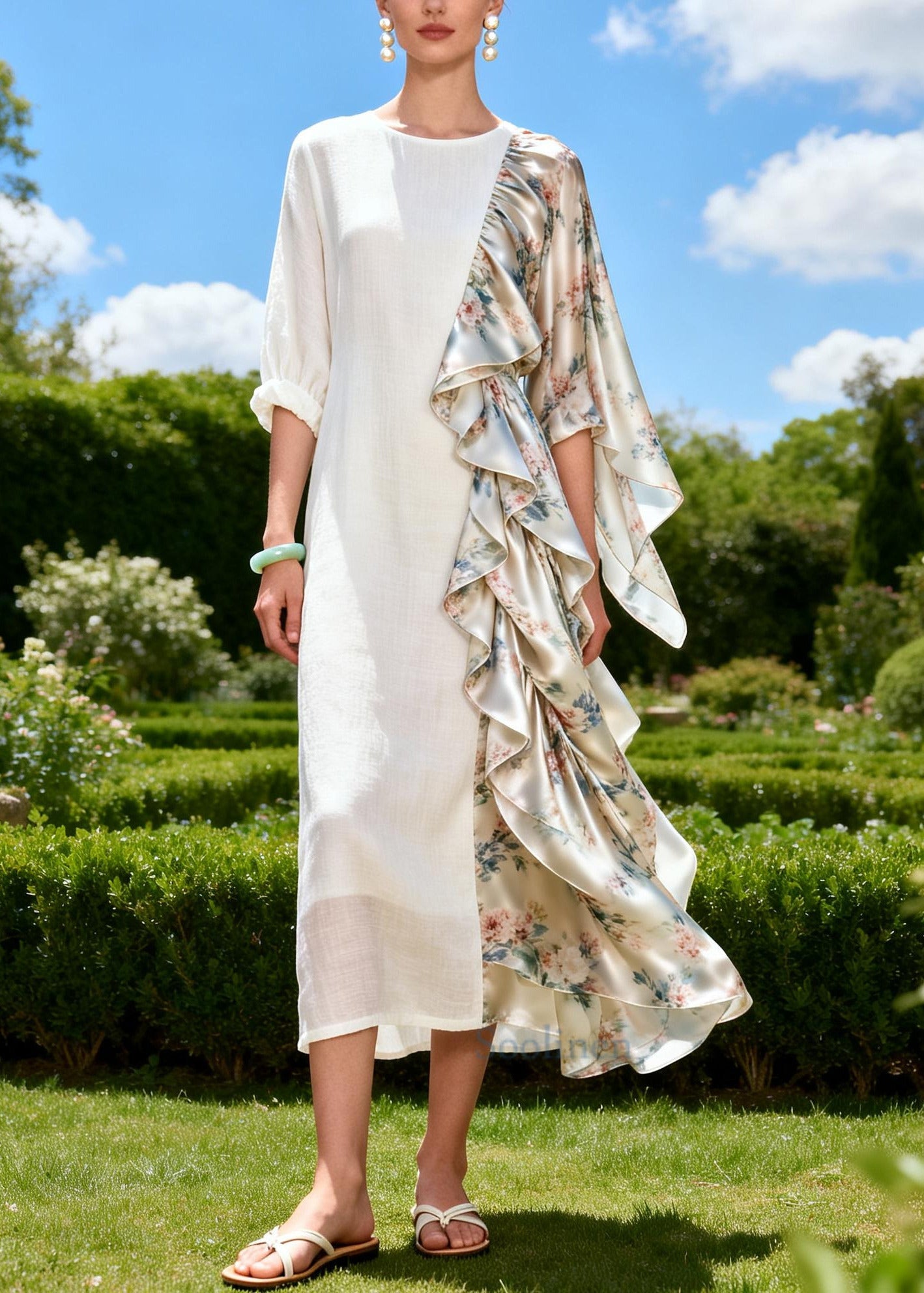 Unique White Asymmetrical Patchwork Linen Silk Long Dress Summer