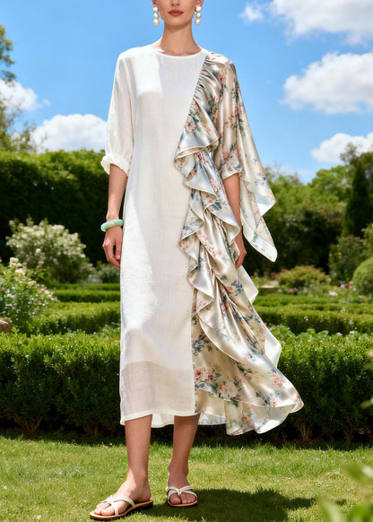 Unique White Asymmetrical Patchwork Linen Silk Long Dress Summer