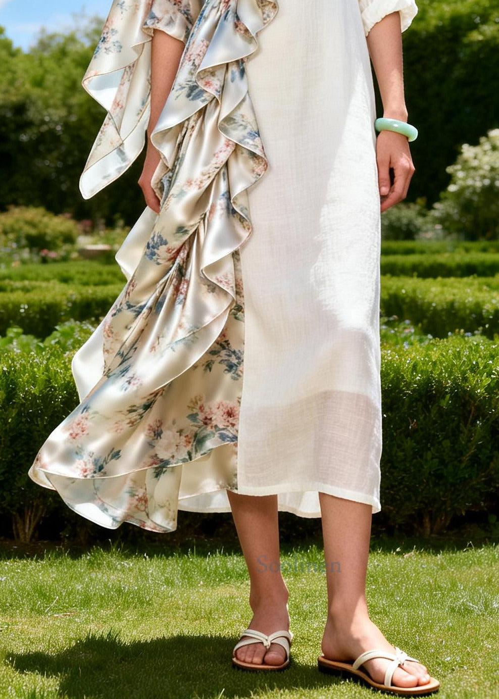 Unique White Asymmetrical Patchwork Linen Silk Long Dress Summer