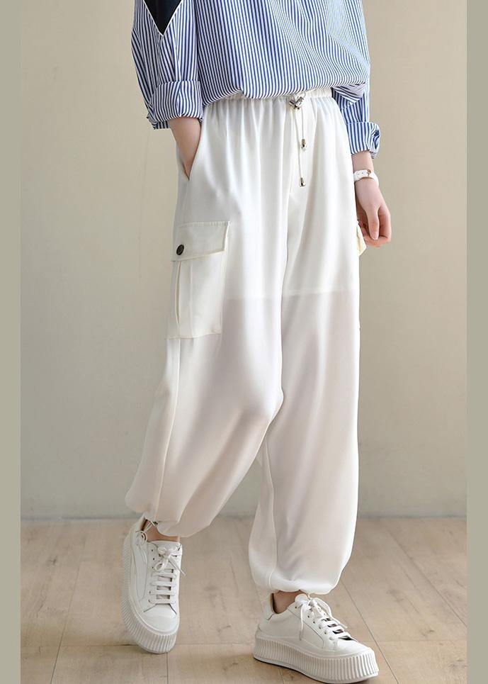 Unique White High Waist Chiffon Spring Pants - SooLinen