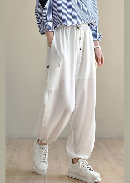 Unique White High Waist Chiffon Spring Pants - SooLinen