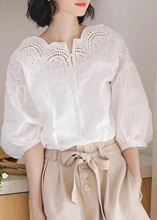 Unique White Hollow Out Shirts Puff Sleeve