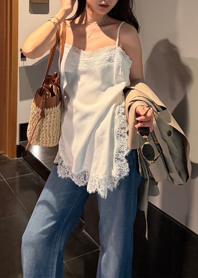 Unique White Lace Patchwork Cotton Spaghetti Strap Top Summer
