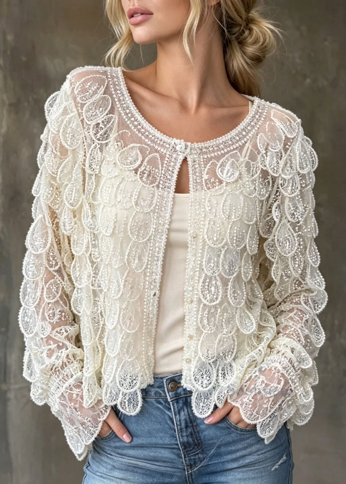 Unique White O Neck Nail Bead Sequins Tulle Cardigans Fall