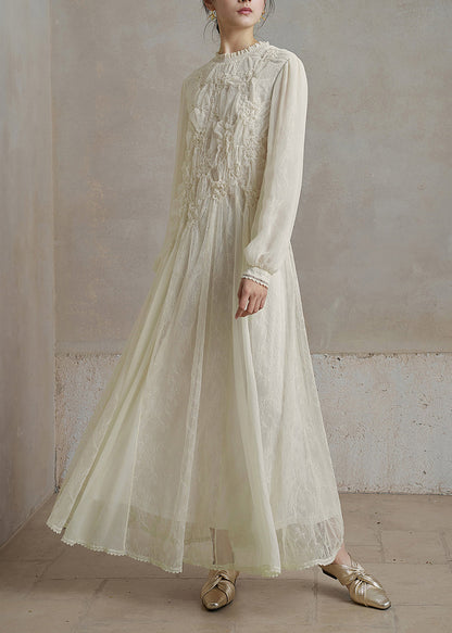 Unique White O-Neck Ruffled Lace Maxi Dresses Fall