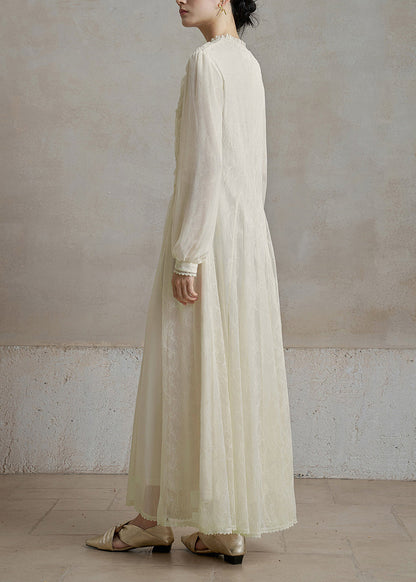 Unique White O-Neck Ruffled Lace Maxi Dresses Fall