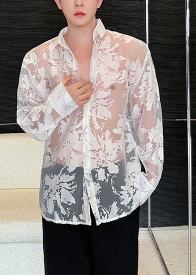 Unique White Oversized Print Tulle Sheer Men Twillory Shirts Summer