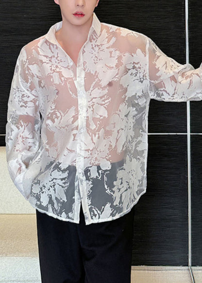 Unique White Oversized Print Tulle Sheer Men Twillory Shirts Summer