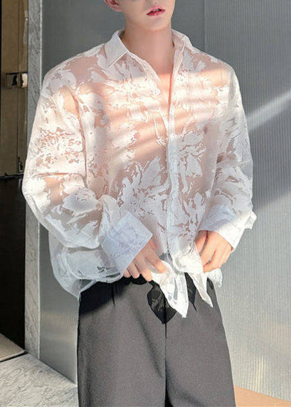Unique White Oversized Print Tulle Sheer Men Twillory Shirts Summer