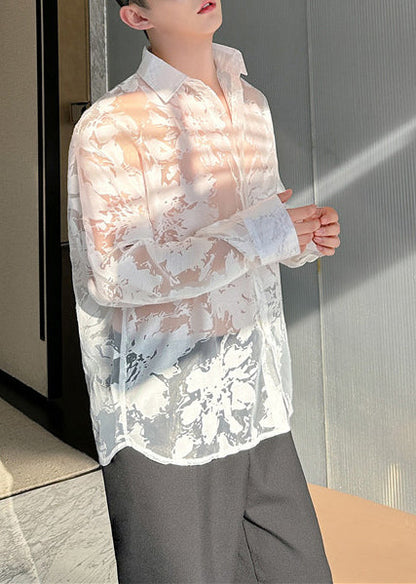Unique White Oversized Print Tulle Sheer Men Twillory Shirts Summer
