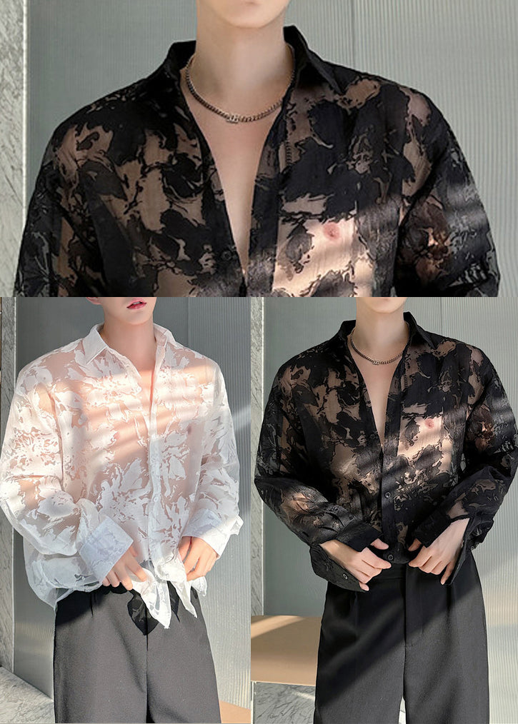 Unique White Oversized Print Tulle Sheer Men Twillory Shirts Summer