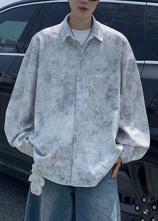 Unique White Oversized Tie Dye Cotton Mens Untuckit Shirts Fall