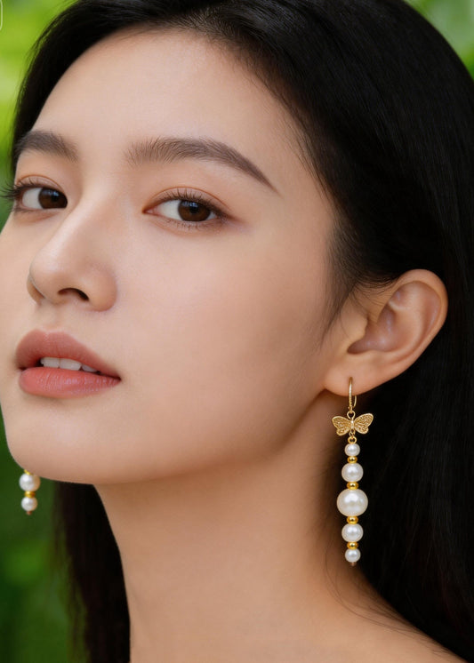 Unique White Pearl Golden Butterfly Drop Earrings