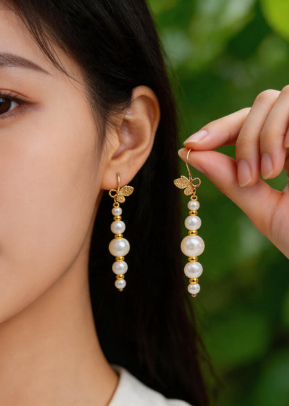 Unique White Pearl Golden Butterfly Drop Earrings