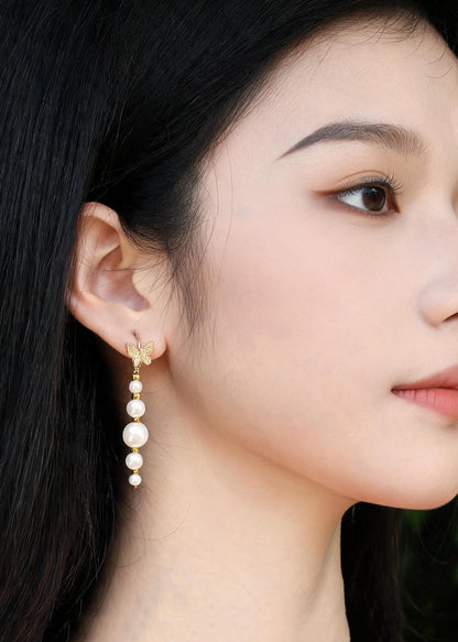 Unique White Pearl Golden Butterfly Drop Earrings