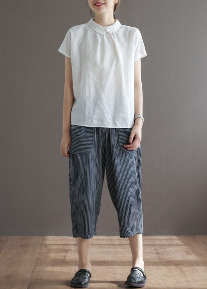 Top de lino con cuello Peter Pan blanco único y botones de patchwork para verano