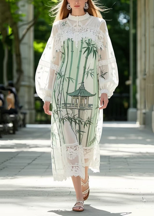 Unique White Print Patchwork Lace Chiffon Vacation Dresses Summer