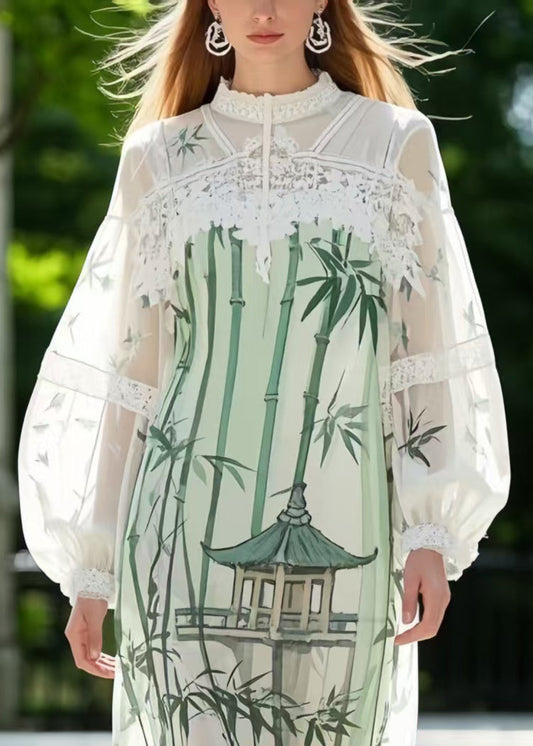 Unique White Print Patchwork Lace Chiffon Vacation Dresses Summer