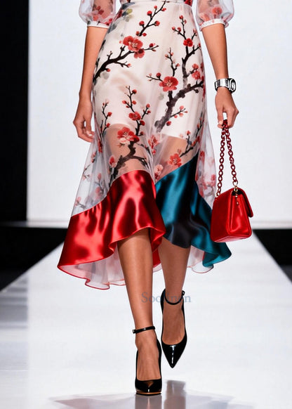 Unique White Print Patchwork Tulle Dresses Summer