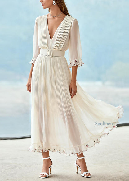 Unique White Ruffled Floral Patchwork Chiffon Long Dresses Summer