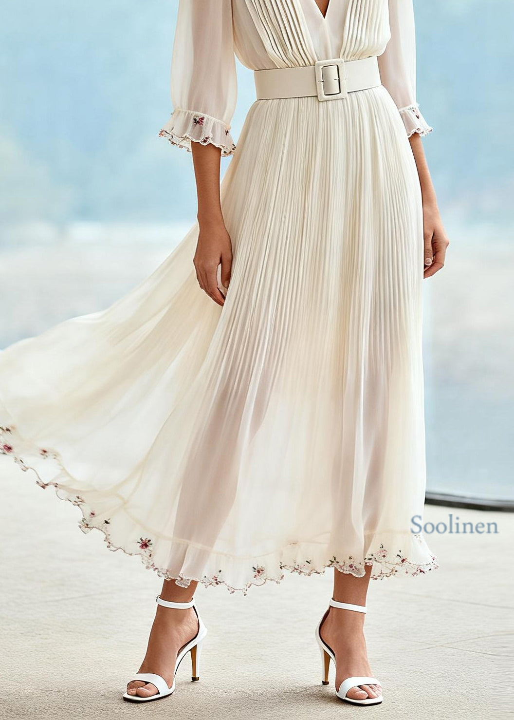 Unique White Ruffled Floral Patchwork Chiffon Long Dresses Summer
