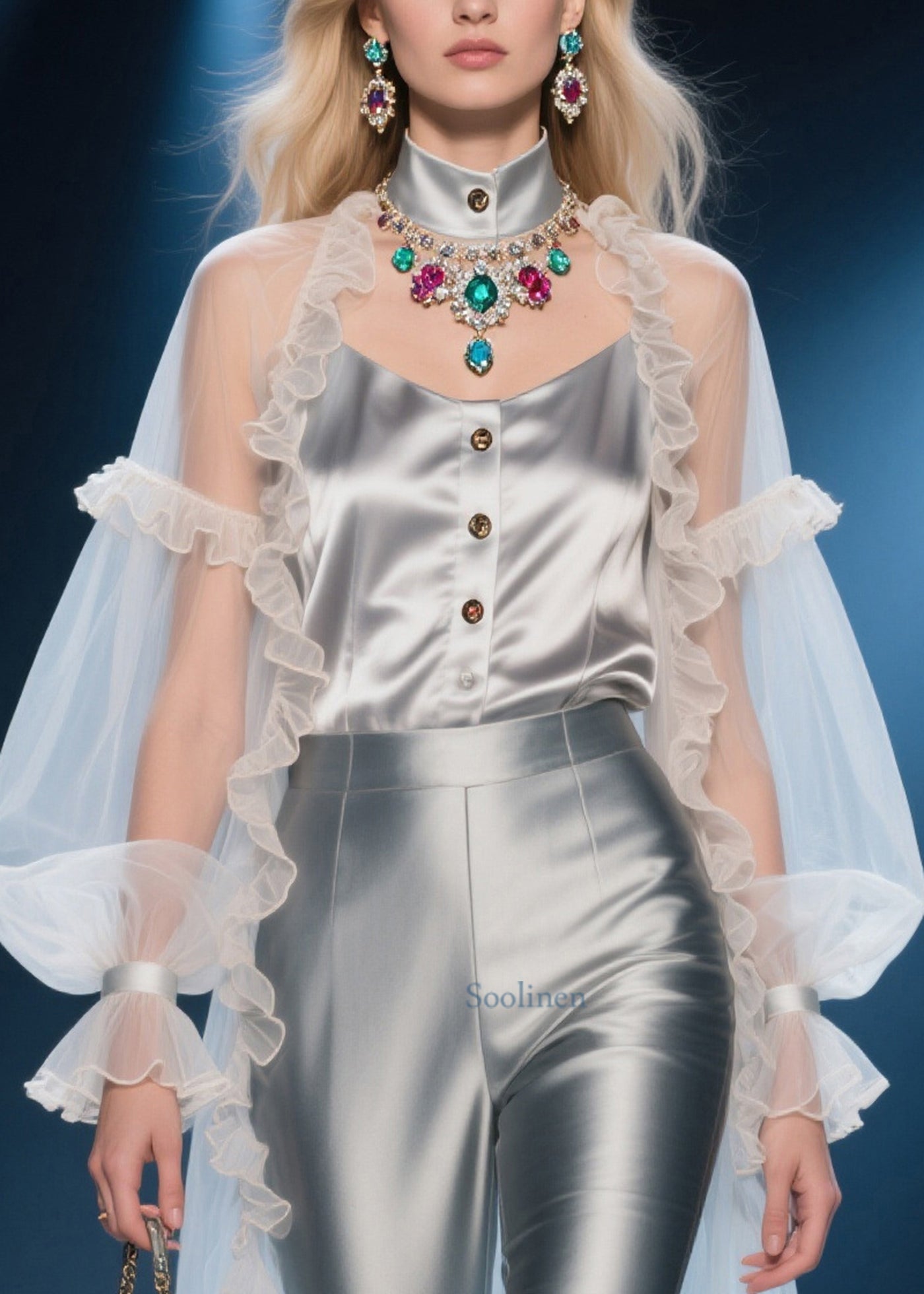 Unique White Ruffled Patchwork Low High Design Chiffon Sheer Shirts Summer