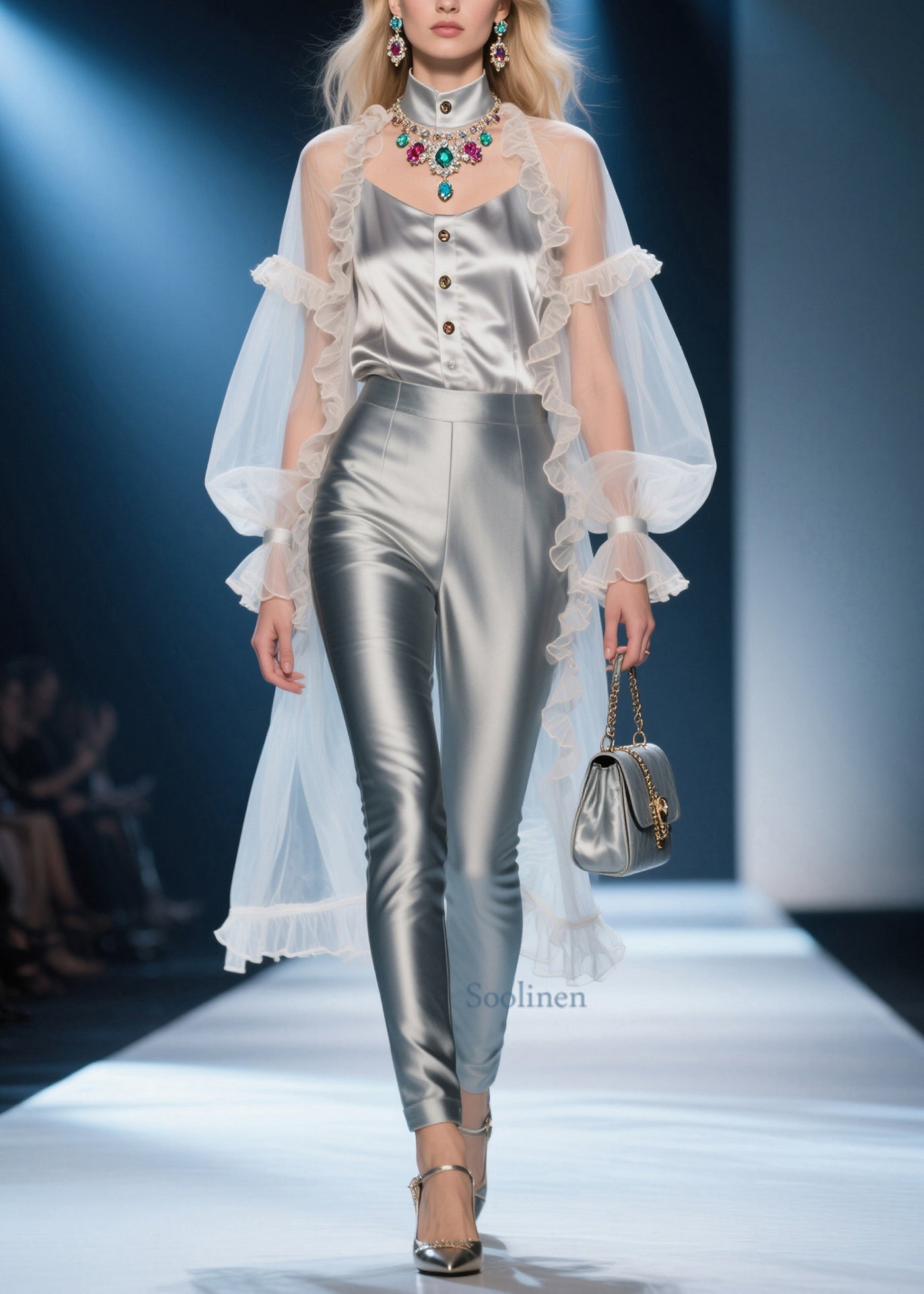 Unique White Ruffled Patchwork Low High Design Chiffon Sheer Shirts Summer
