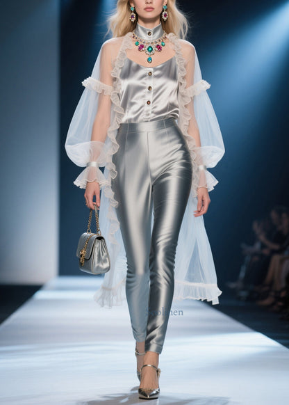 Unique White Ruffled Patchwork Low High Design Chiffon Sheer Shirts Summer
