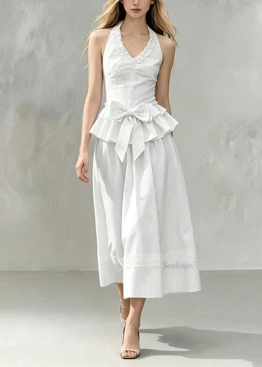 Unique White Striped Ruffled Bow Patchwork Cotton Two Pieces Set Summer