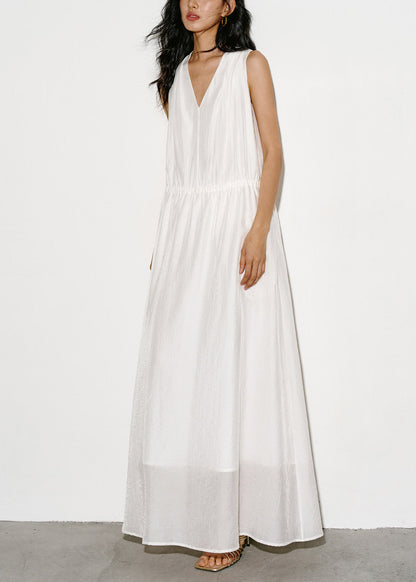 Unique White V Neck Drawstring Maxi Dresses Sleeveless
