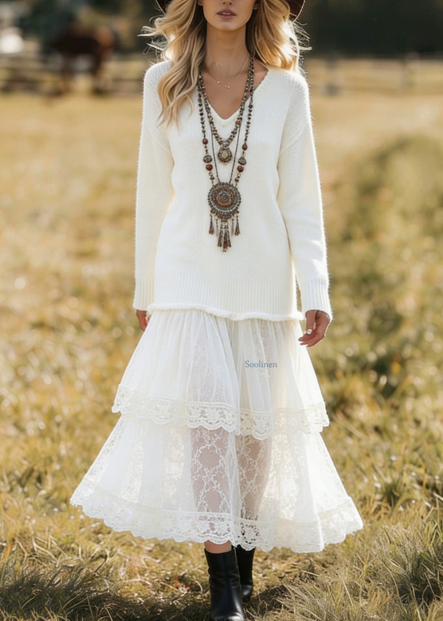 Unique White V Neck Lace Patchwork Knit Dress Spring