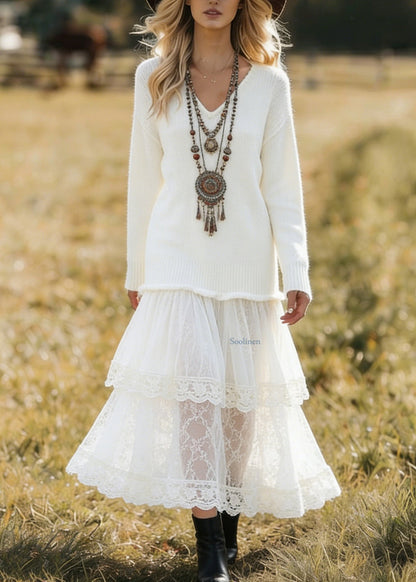 Unique White V Neck Lace Patchwork Knit Dress Spring