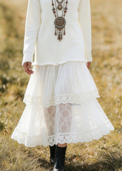 Unique White V Neck Lace Patchwork Knit Dress Spring