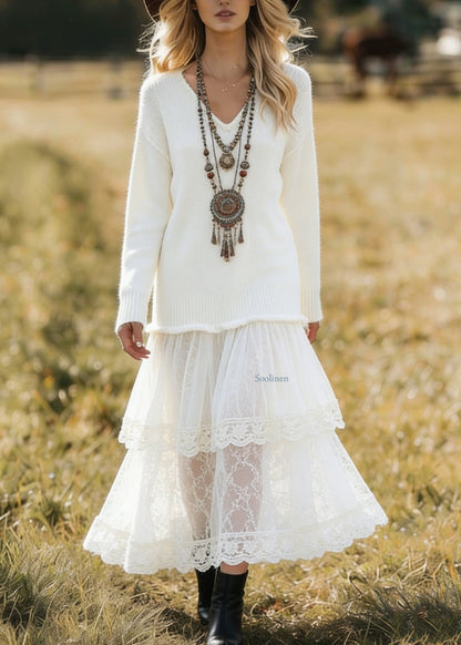 Unique White V Neck Lace Patchwork Knit Dress Spring