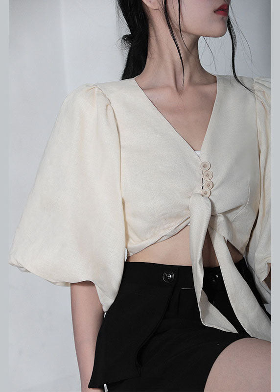 Einzigartige weiße V-Ausschnitt Retro lose Sommer Blusen Halbarm