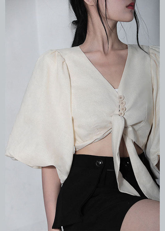 Unique White V Neck Retro Loose Summer Blouses Half Sleeve