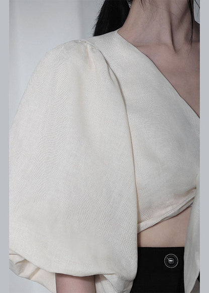 Einzigartige weiße V-Ausschnitt Retro lose Sommer Blusen Halbarm