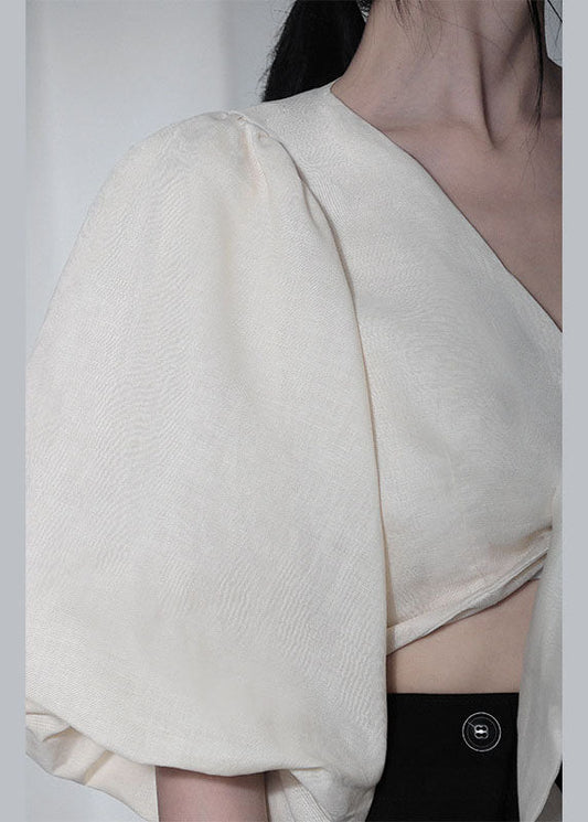 Unique White V Neck Retro Loose Summer Blouses Half Sleeve