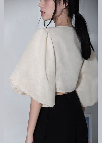 Einzigartige weiße V-Ausschnitt Retro lose Sommer Blusen Halbarm