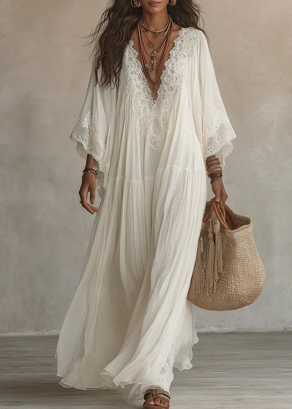 Unique White V Neck Wrinkled Patchwork LaceVacation Dresses Bracelet Sleeve