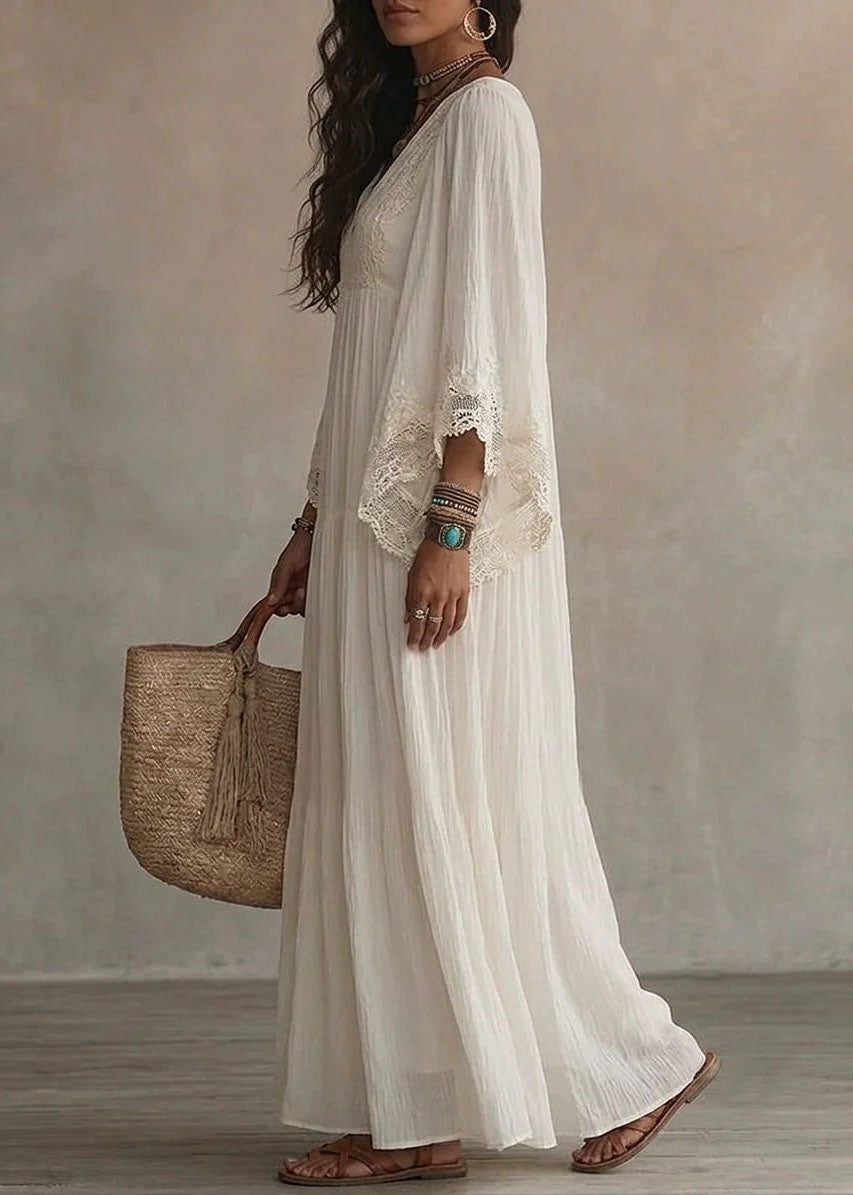 Unique White V Neck Wrinkled Patchwork LaceVacation Dresses Bracelet Sleeve